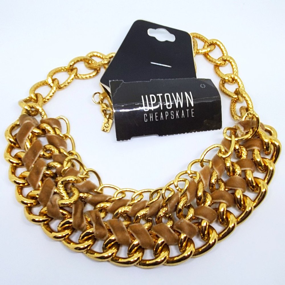 NWT Wide Gold Chain Choker Statement Collar Necklace with Velvet Ribbon Wrap